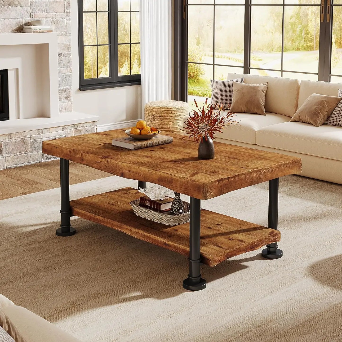 47" Coffee Table, Farmhouse Solid Wood Accent Center Table with 2-Tier Live Edge Shelf & Metal Legs, Rectangular