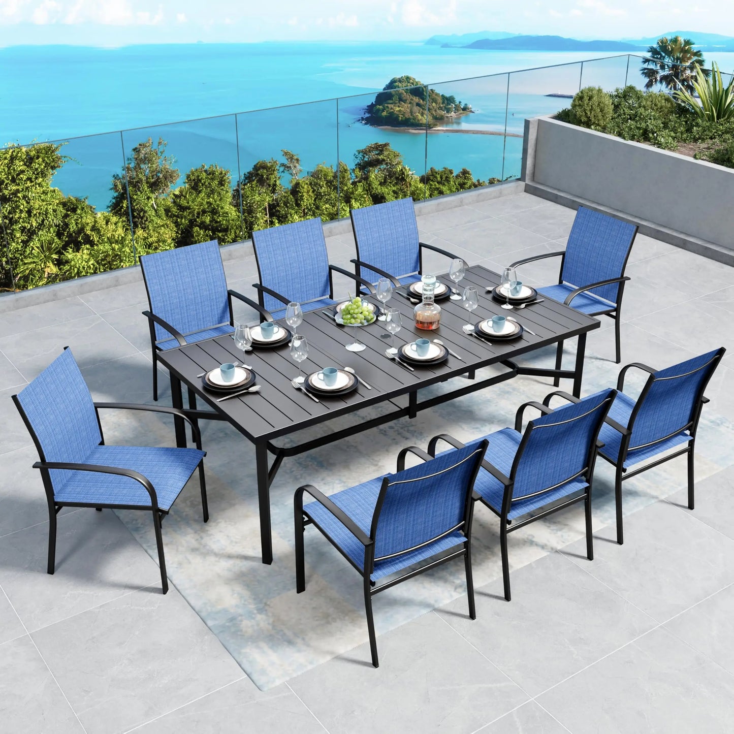 Outdoor Patio Dining Set (5/9/10‑Piece) – Square Table with Umbrella Hole & Metal Brown Chairs