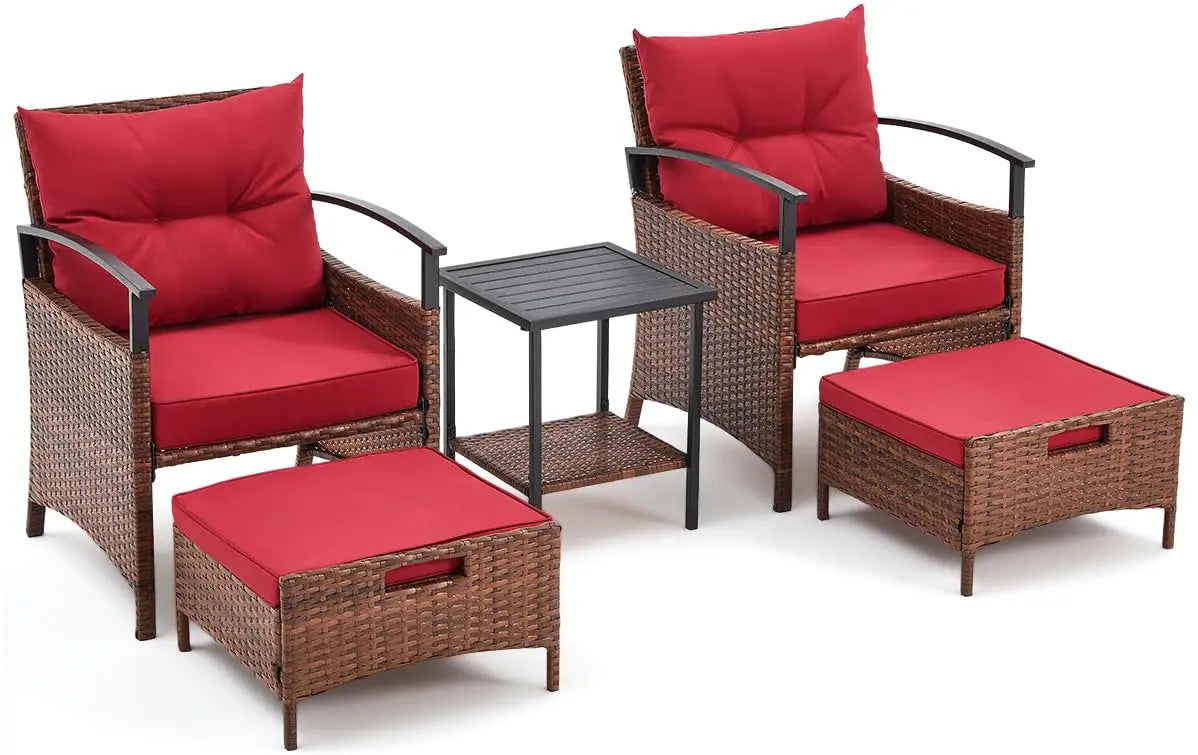 5 Pieces Patio Furniture Set, Outdoor Rattan Chairs with Metal Coffee Table, Ottomans & Soft Cushions