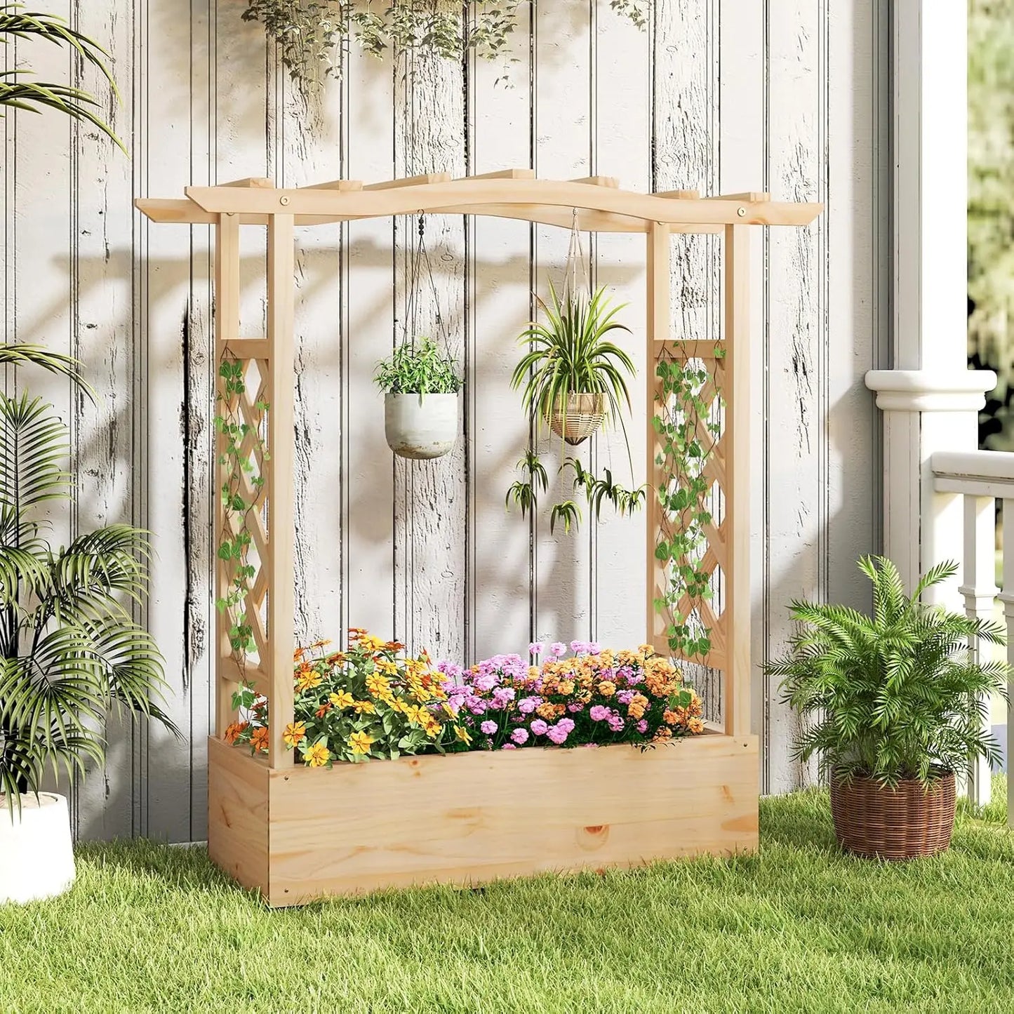 Elevated Garden Box with Trellis for Climbing Vines/plants for Outdoor Patio or Balcony 44x14x45