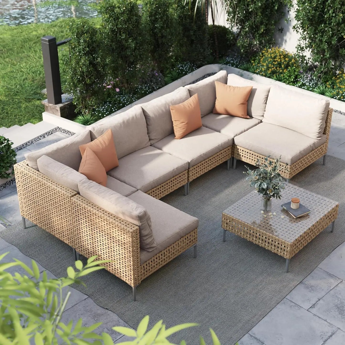7‑Piece Outdoor Conversation Set – Wicker Sectional Patio Sofa with Water‑Resistant Thick Cushions