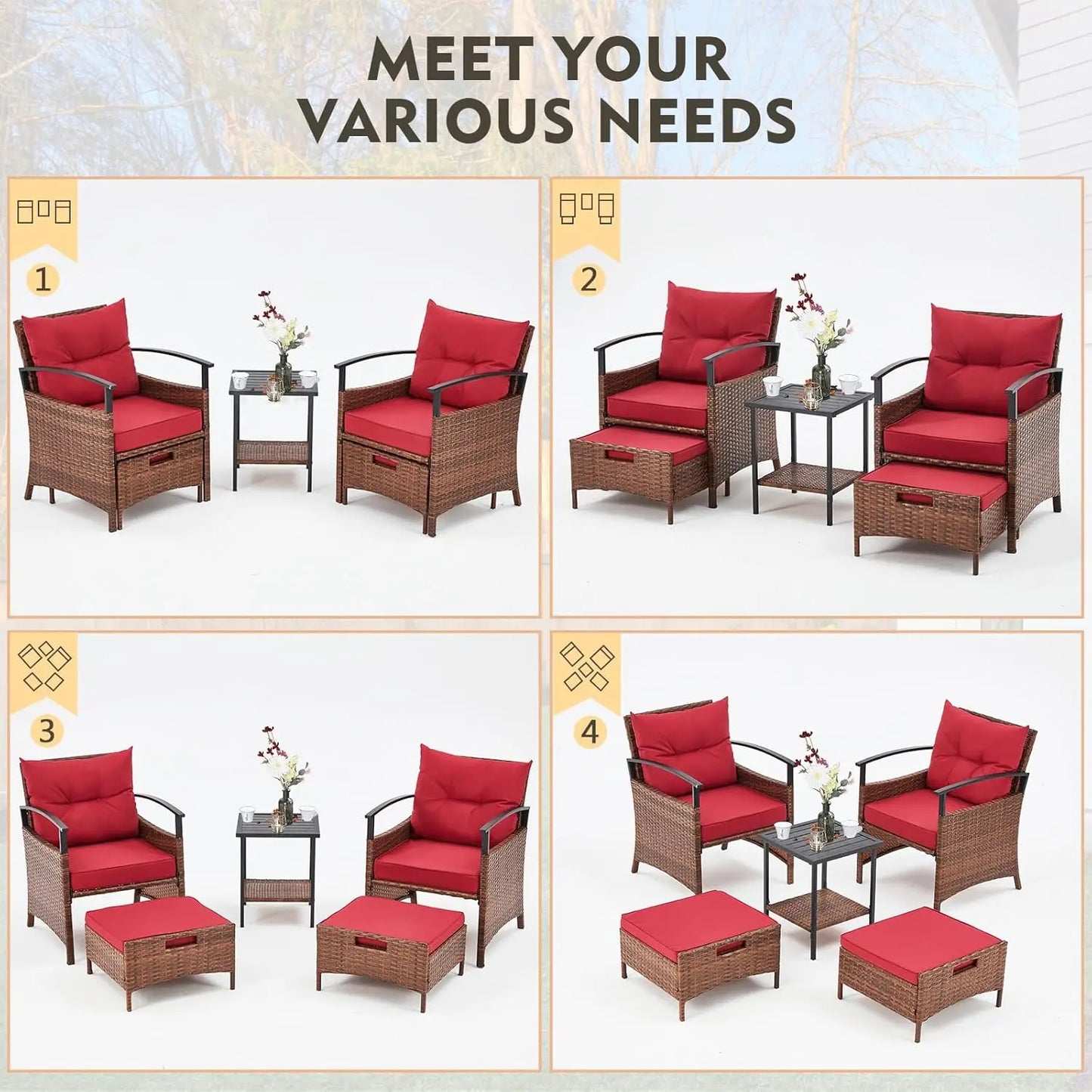5 Pieces Patio Furniture Set, Outdoor Rattan Chairs with Metal Coffee Table, Ottomans & Soft Cushions