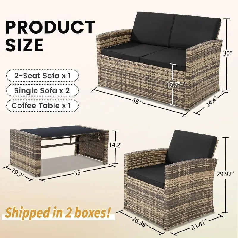4‑Piece All‑Weather Rattan Sectional Sofa – Outdoor Patio Furniture Set with Cushions & Tempered Glass Table