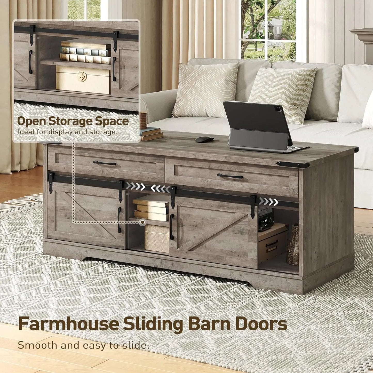 47" Farmhouse Coffee Table with 2 Drawers and Sliding Barn Doors for Storage