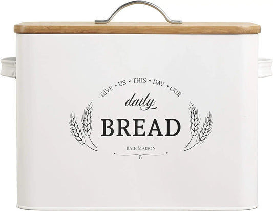 Extra Large White Farmhouse Bread Box for Kitchen Countertop - Holds 2+ Loaves, Rustic Metal Storage Container with Lid