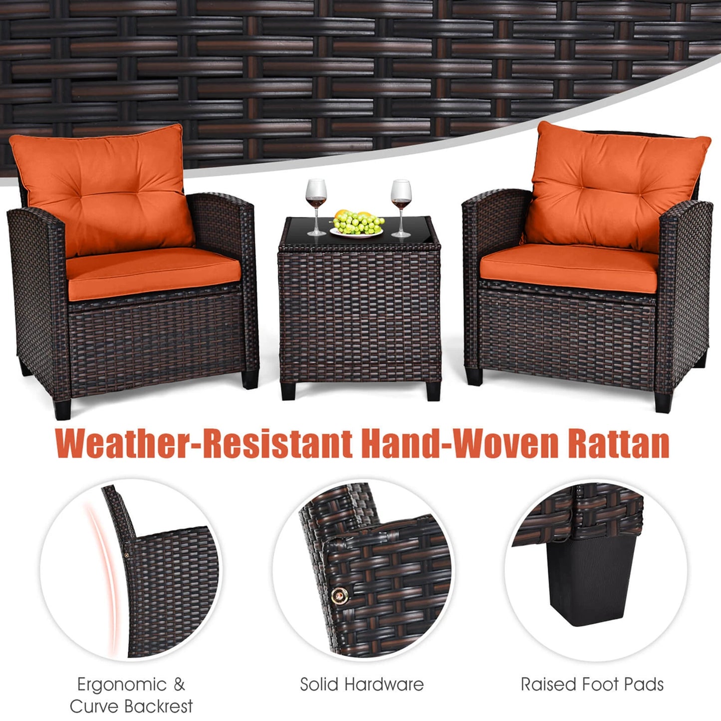 3‑Piece Patio Rattan Furniture Set – Outdoor Chairs & Table with Cushions