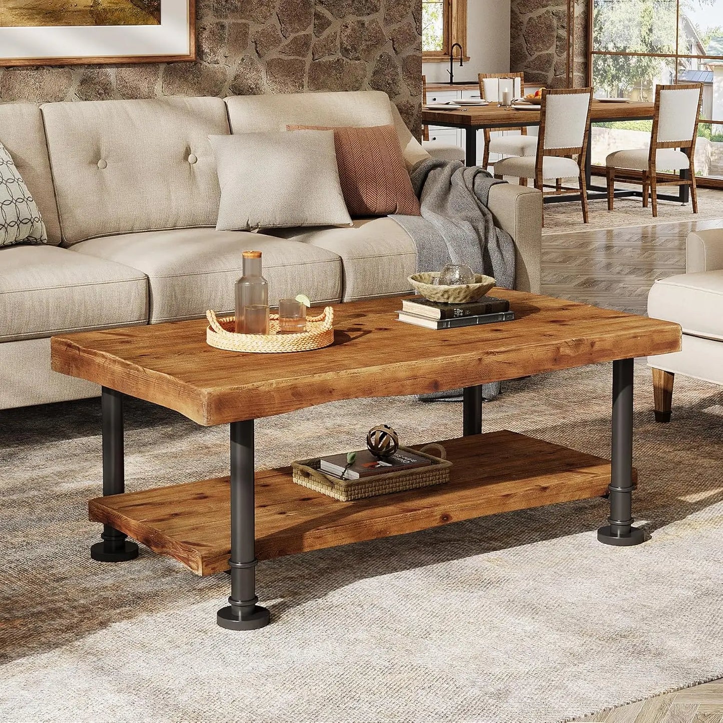 47" Coffee Table, Farmhouse Solid Wood Accent Center Table with 2-Tier Live Edge Shelf & Metal Legs, Rectangular