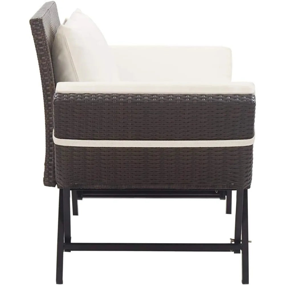 Convertible Bench to Day Bed, Brown Poly Rattan with Cushions, Adjustable Sides