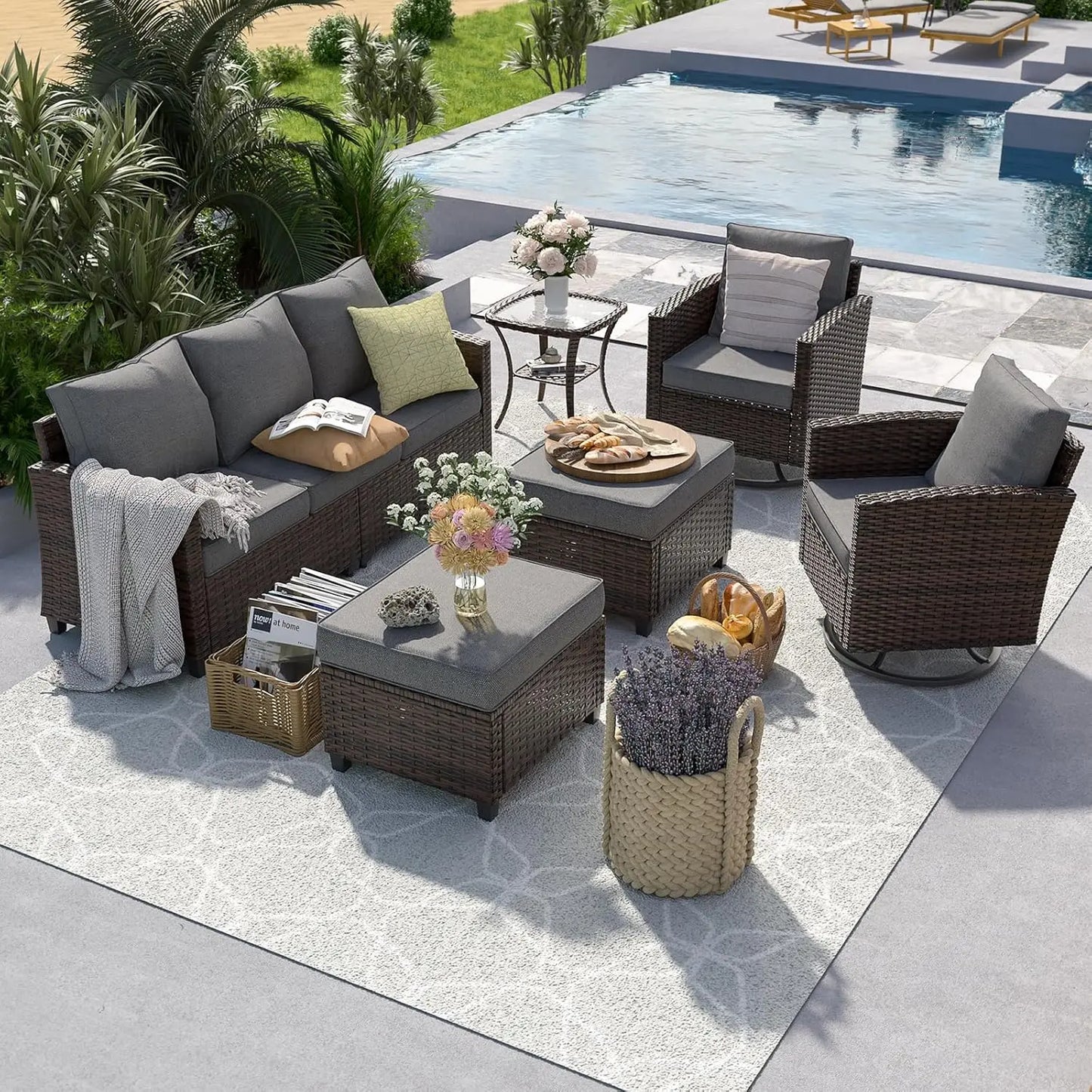6‑Piece Gray PE Rattan Sectional Sofa Set – Swivel Chair, Side Table & 4" Cushions for Patio/Garden