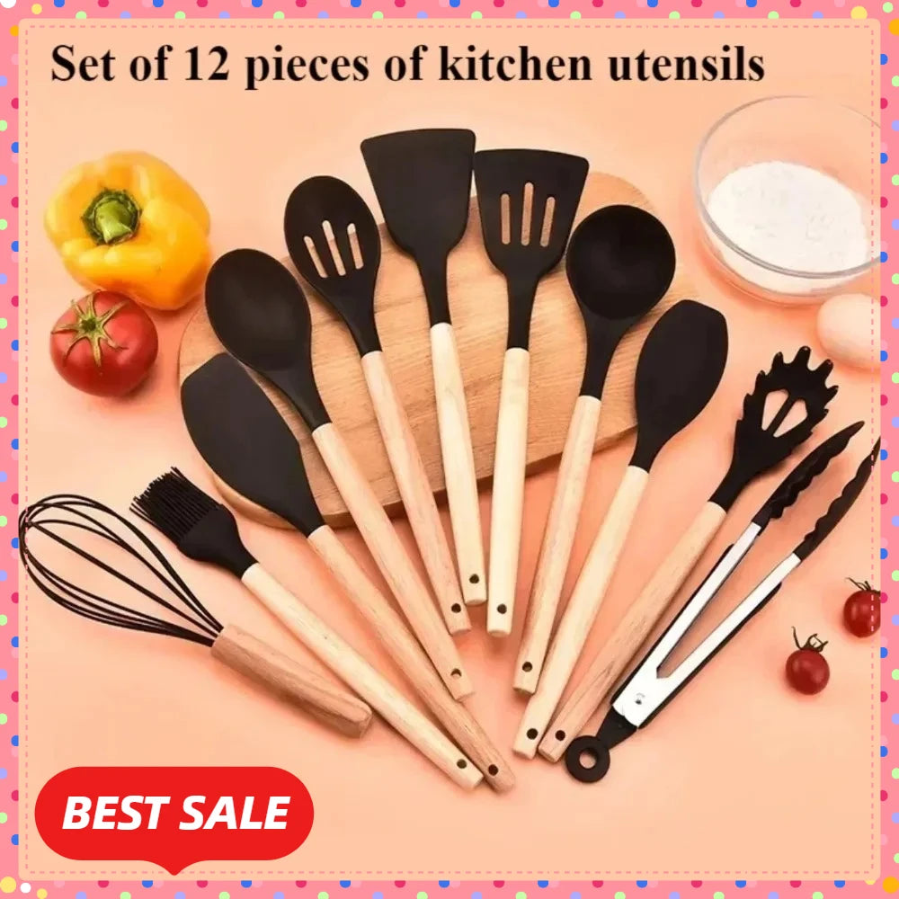 12‑Piece Non‑Stick Silicone Cooking Utensil Set – Wooden Handles, Heat‑Resistant Kitchen Tools with Storage Container