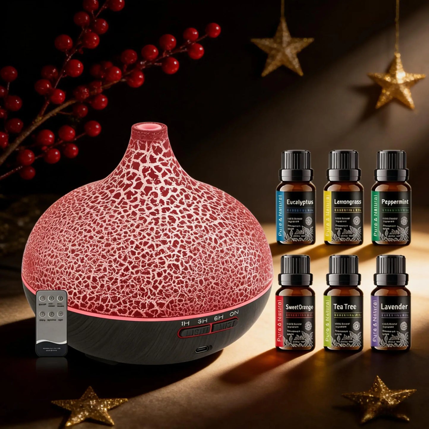 Essential Oil Diffuser Humidifier, Ultrasonic Wood Grain Aroma Diffuser with Remote, LED Flame Night Light&Timer