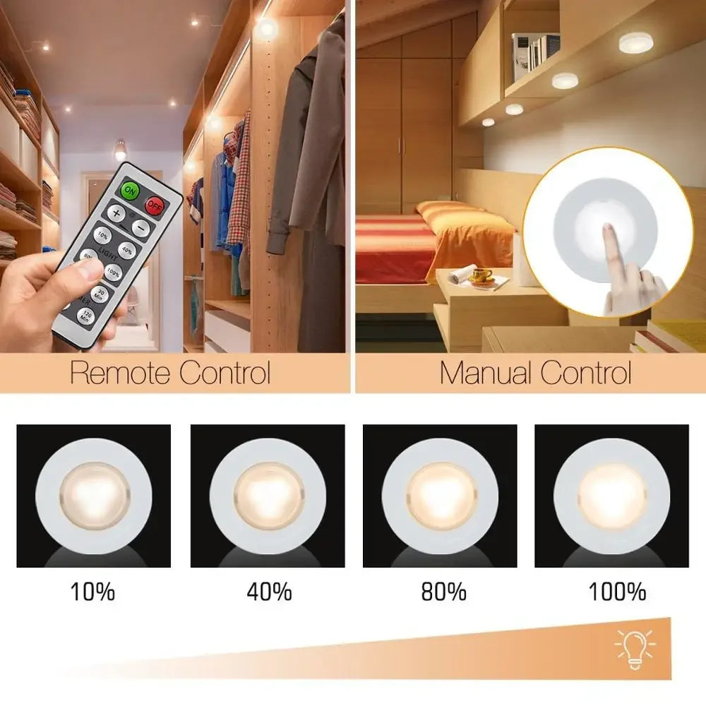 LED Puck Light Wireless Under Cabinet Lights with Remote Control Dimmable Battery Powered Night Lamp for Kitchen, Closet, Wardrobe