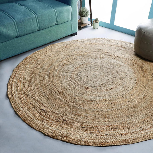 Hand Woven Braided Round Rug, 6 Feet Natural Reversible