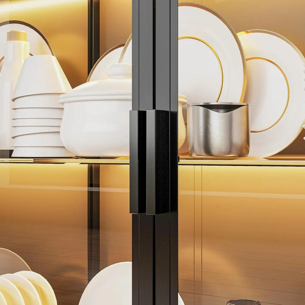 77.6" Kitchen Island with Storage & 3-Color Light with Glass Doors, Adjustable Shelf and Drawers
