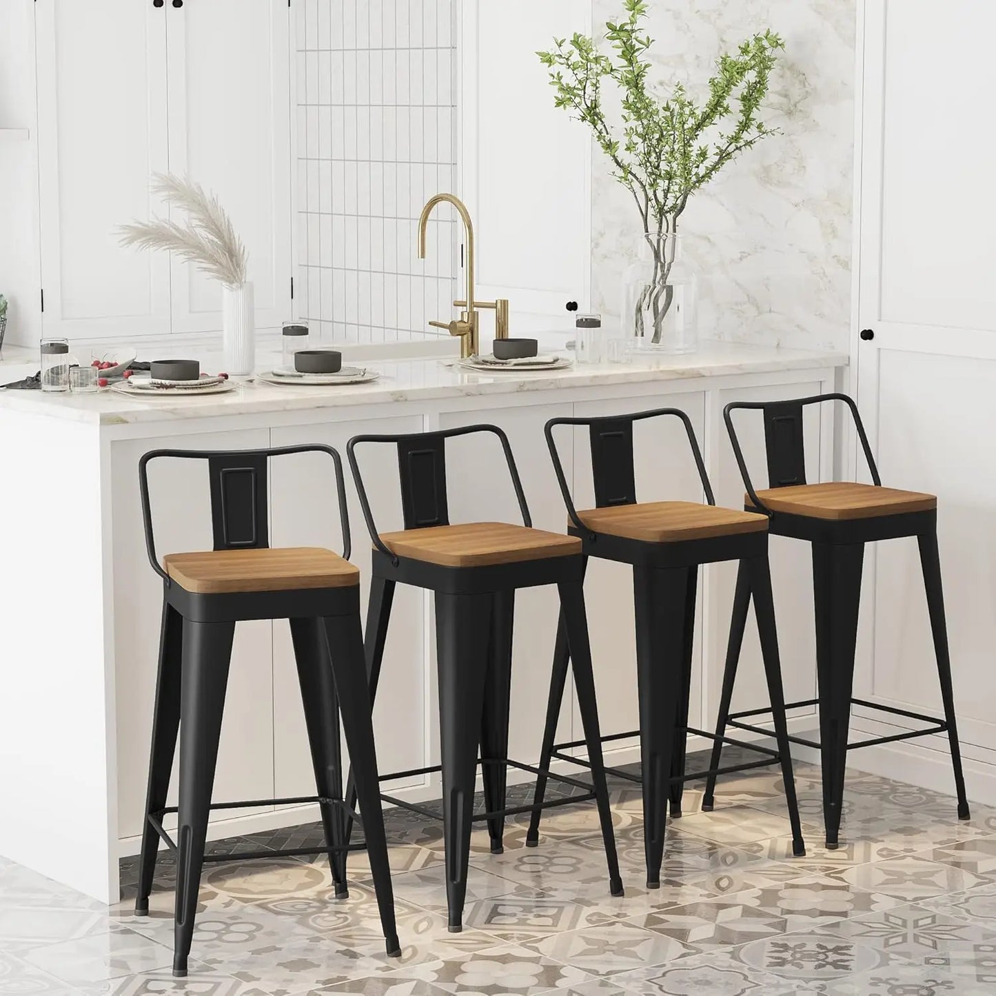 Set of 4 Black Metal Bar Stools with Removable Back, Wooden Seat, 26" Counter Height, Stackable Design