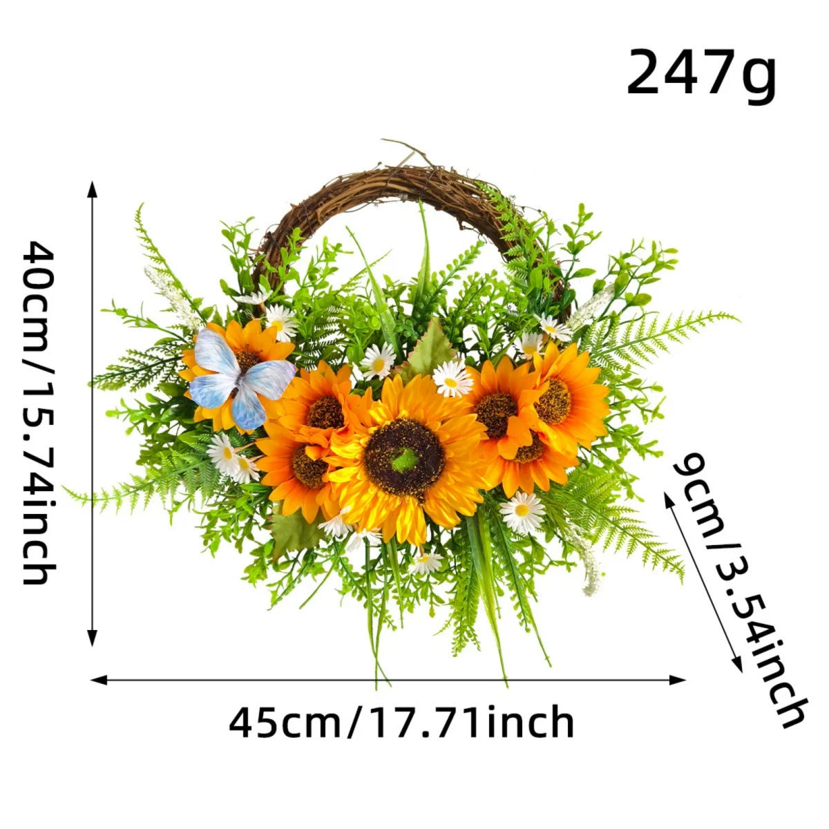 Artificial Sunflowers Wreath Spring Summer Floral Swags with Butterfly Fake Yellow Sunflower Rattan Garland for Front Door Decor