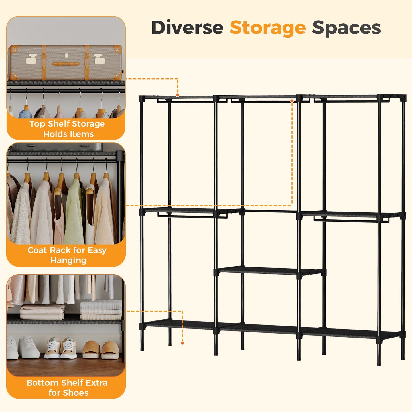 72IN to 81IN Portable Three Rows Wardrobe Closet with Hanging Rods with Shelves