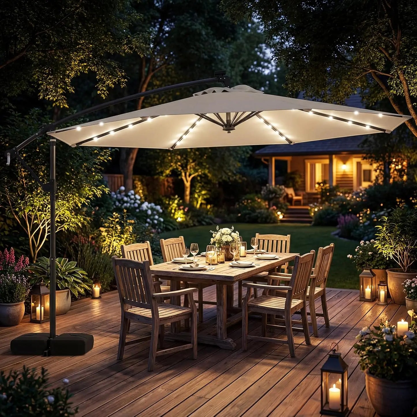 10FT Solar Cantilever Patio Umbrella with Base – Offset Umbrella with 32 LED Lights & Infinite Tilt