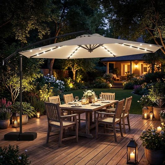 10FT Solar Cantilever Patio Umbrella with Base – Offset Umbrella with 32 LED Lights & Infinite Tilt