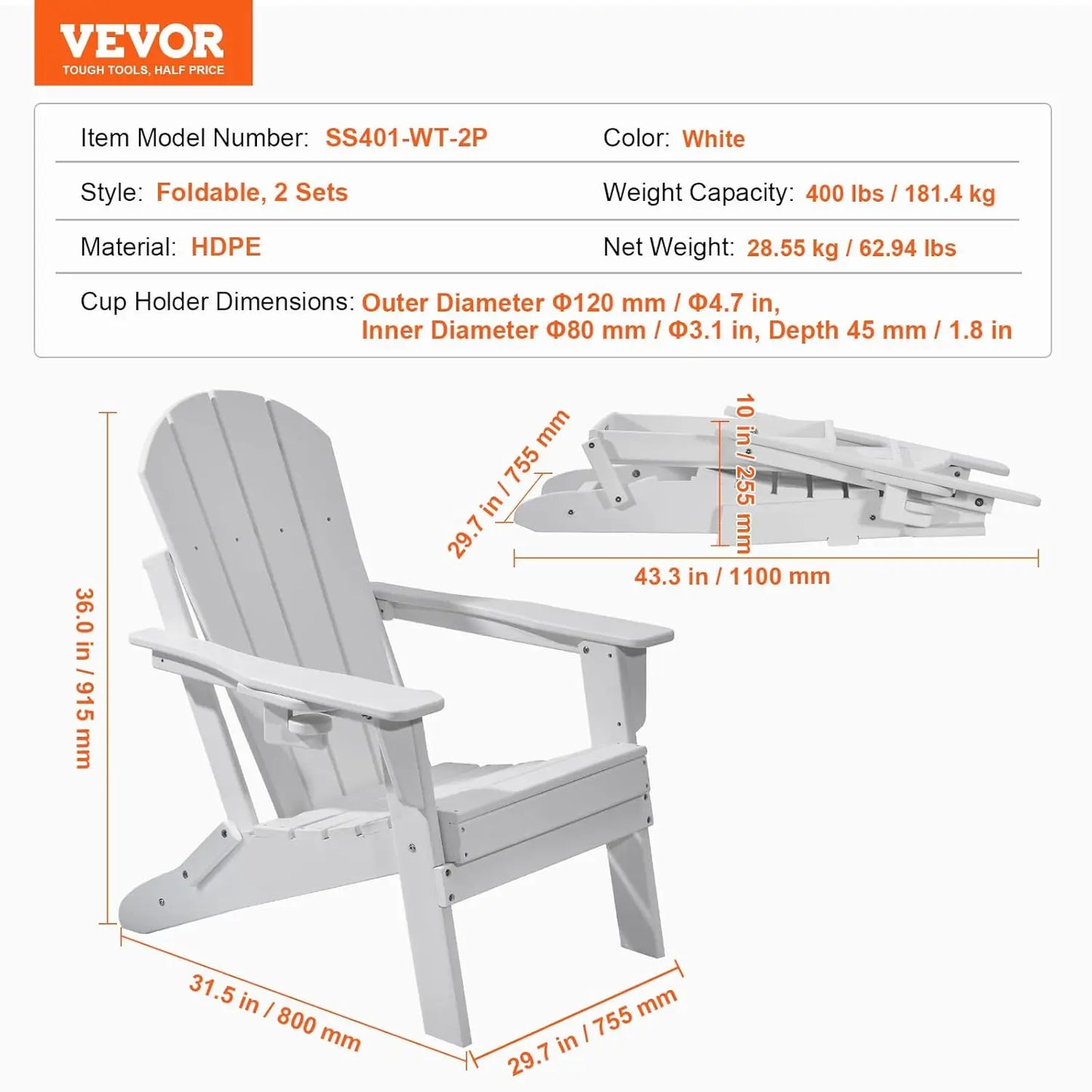 Foldable Adirondack Chair 2 Pack with Cup Holders,  All Weather