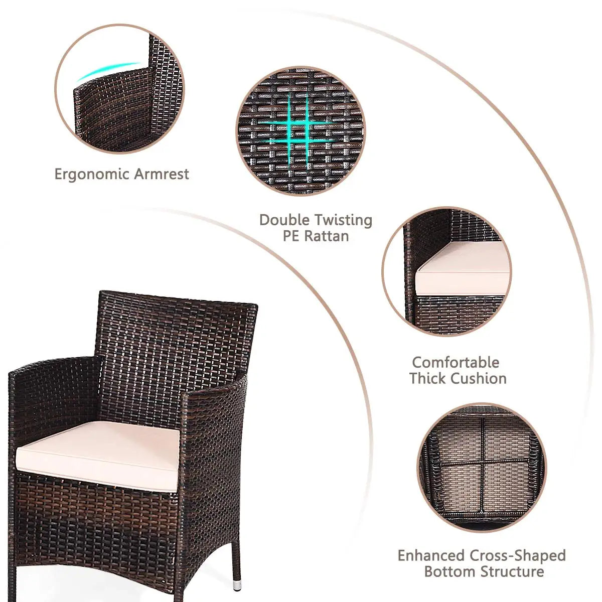 3‑Piece Patio Furniture Set – Wicker Rattan Chairs with Thick Cushions & Glass‑Top Coffee Table