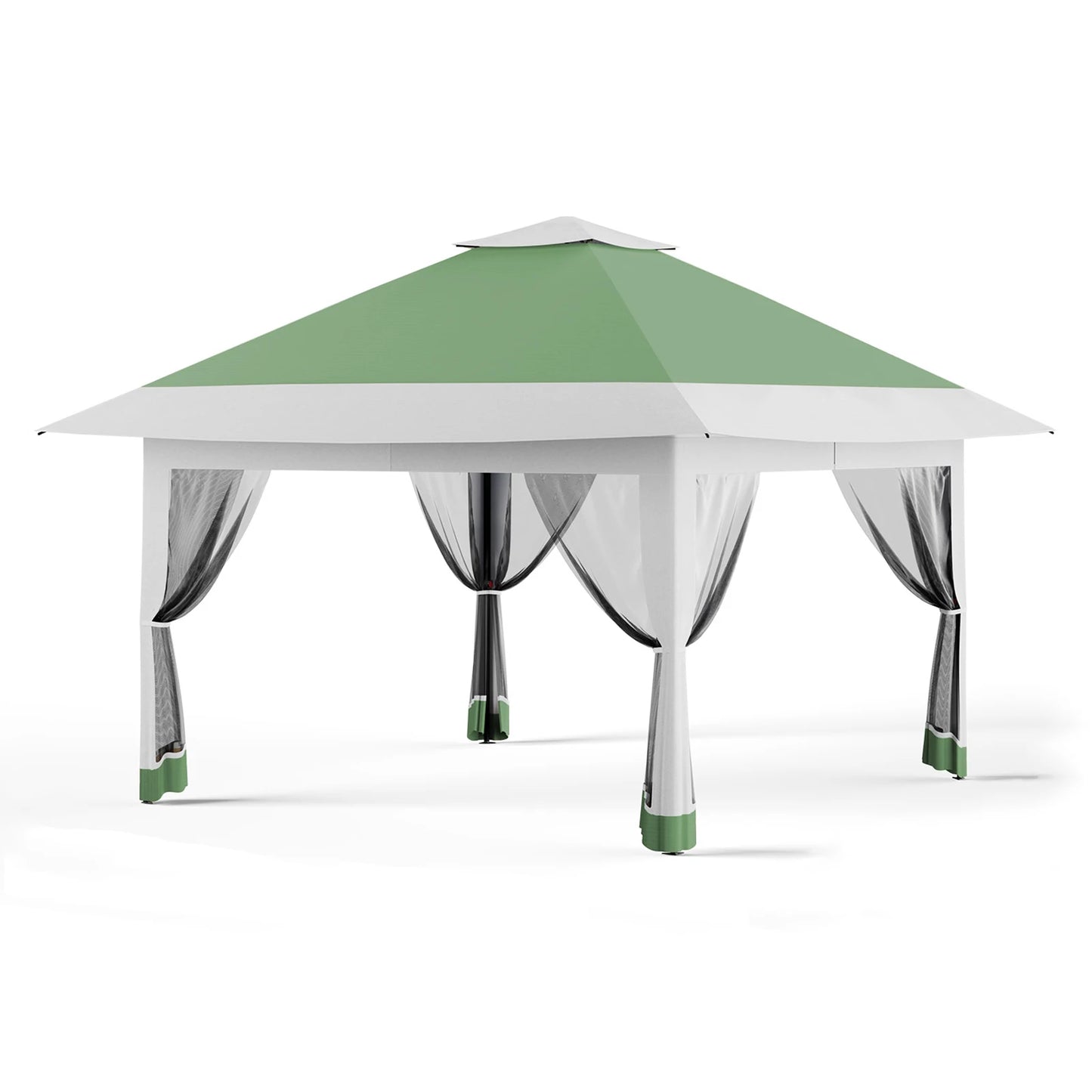 13×13 FT Outdoor Folding Gazebo – 4‑Sided Mosquito‑Net Shed with Cantilevered Eaves & Roll‑Up Canopy Awning