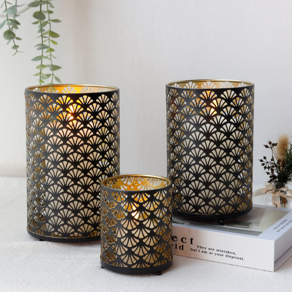 3‑Piece Fan‑Pattern Metal Candle Holder Set – Decorative Home Accent for Tabletop or Shelf