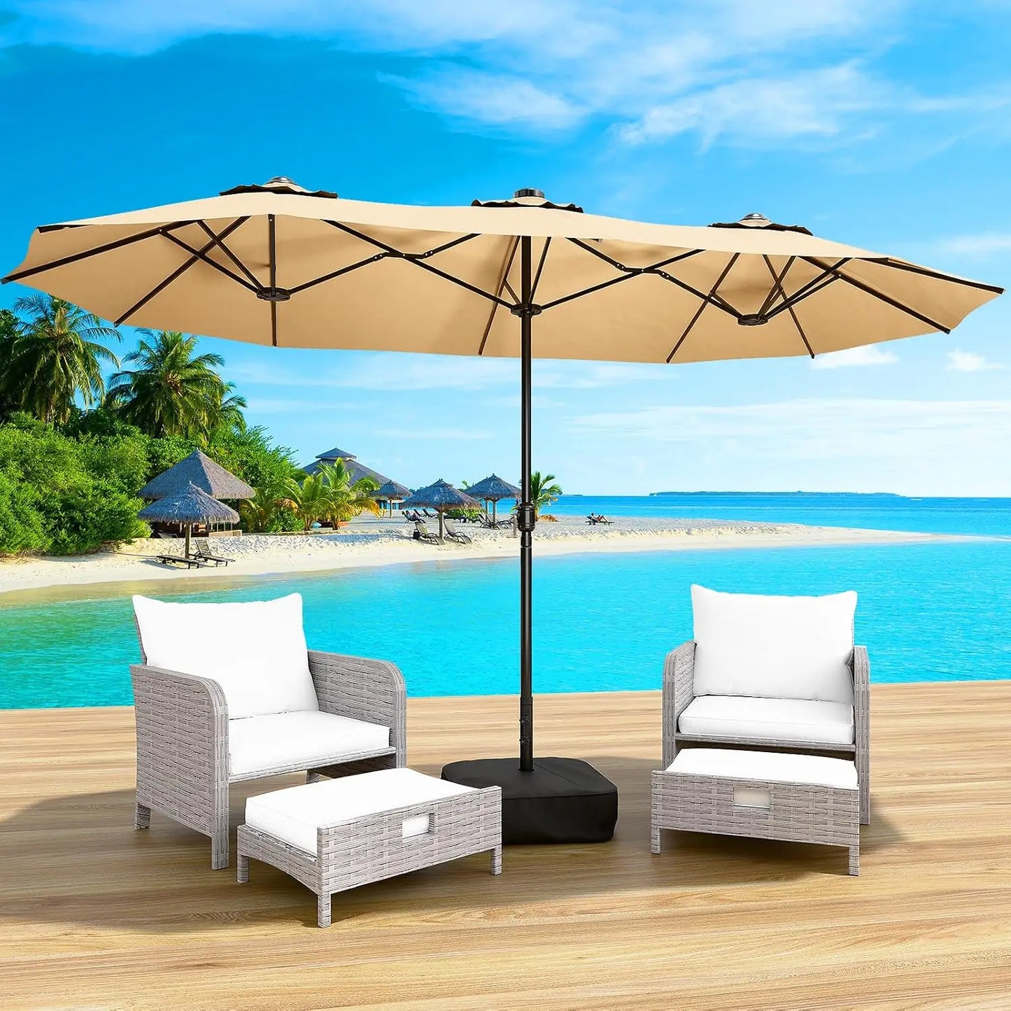 15FT Double‑Sided Patio Umbrella with Base – Large Rectangular Outdoor Shade for Backyard, Poolside & Garden (Khaki)