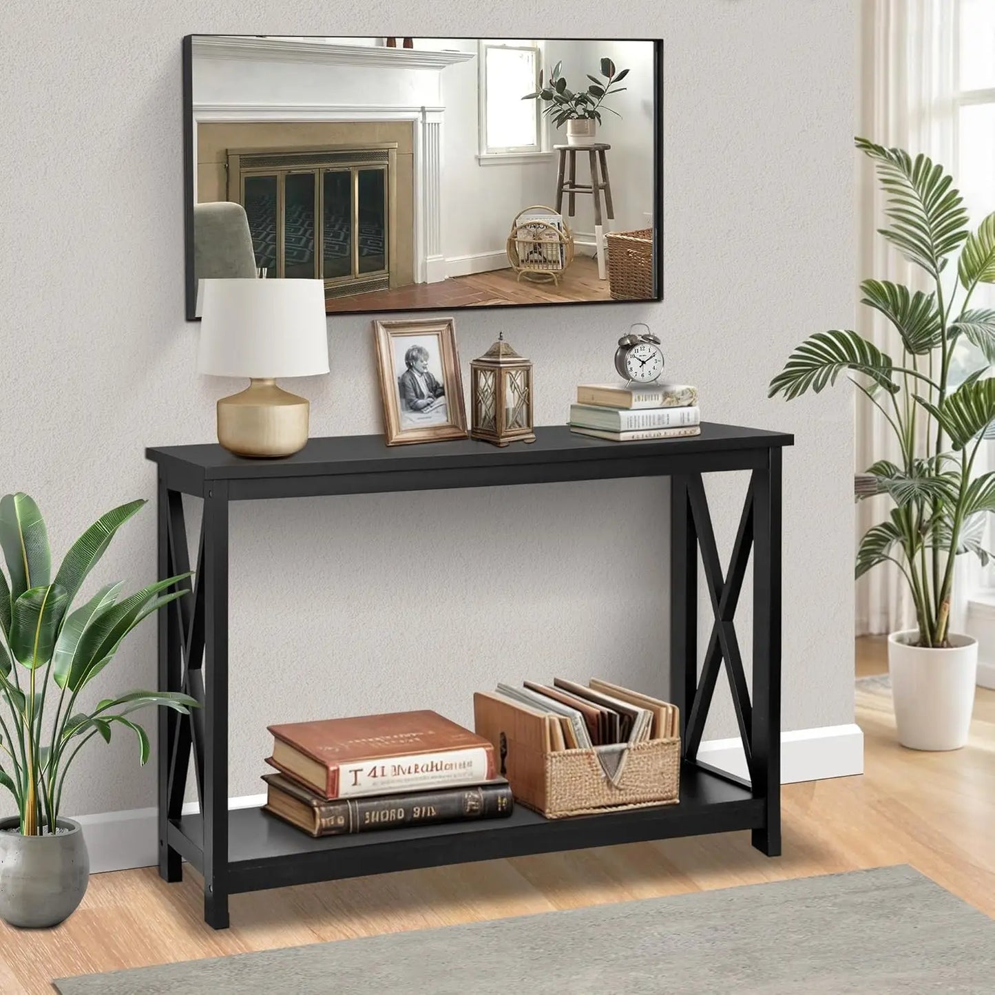 39.5" Narrow Console Table with 2-Tier Storage Shelf, Black Finish