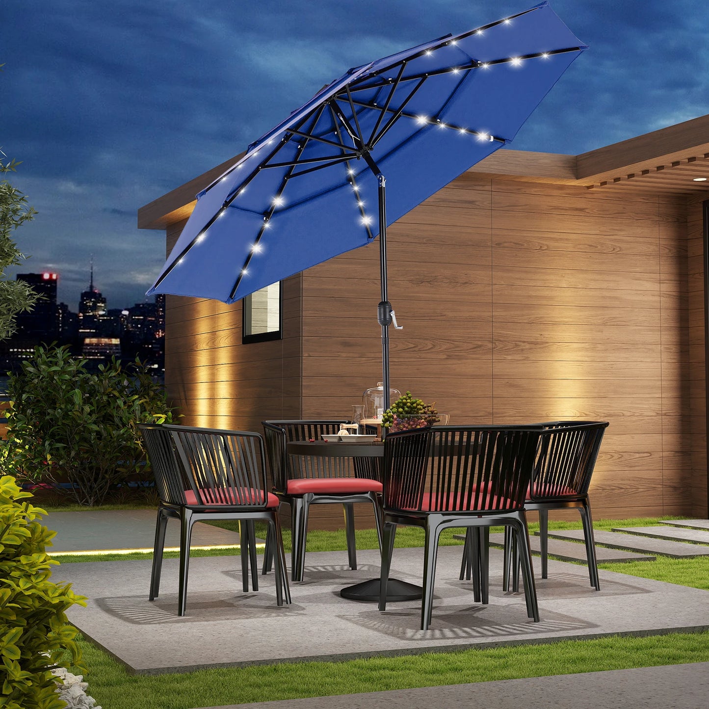 10FT 3‑Tier Patio Umbrella – Solar 32 LED Lights, Tilt Function & 8 Sturdy Ribs for Backyard & Garden