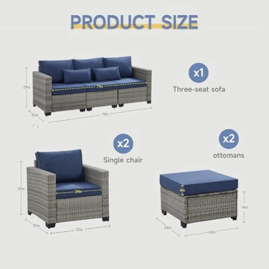 5 Pieces Outdoor Patio Furniture Set with Cover PE Rattan Wicker Conversation Set in Royal Blue Sofa