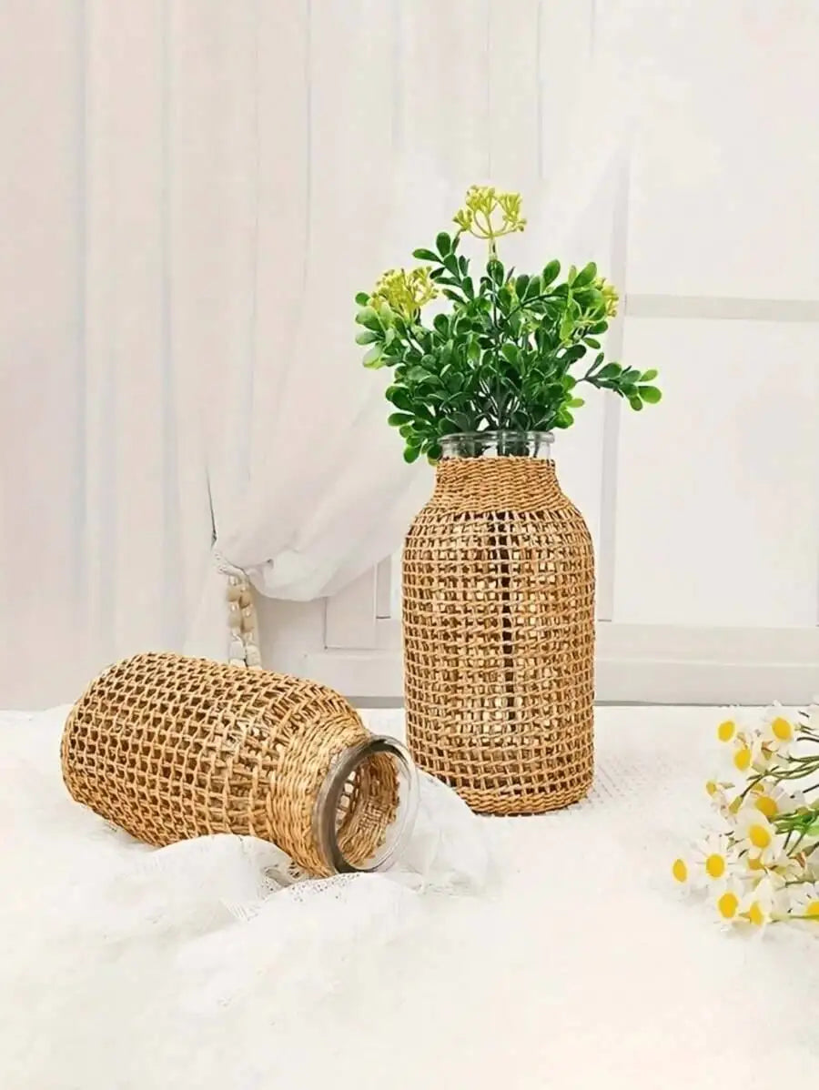 Woven Cylindrical Glass Vase – Decorative Desktop Planter for Home & Office