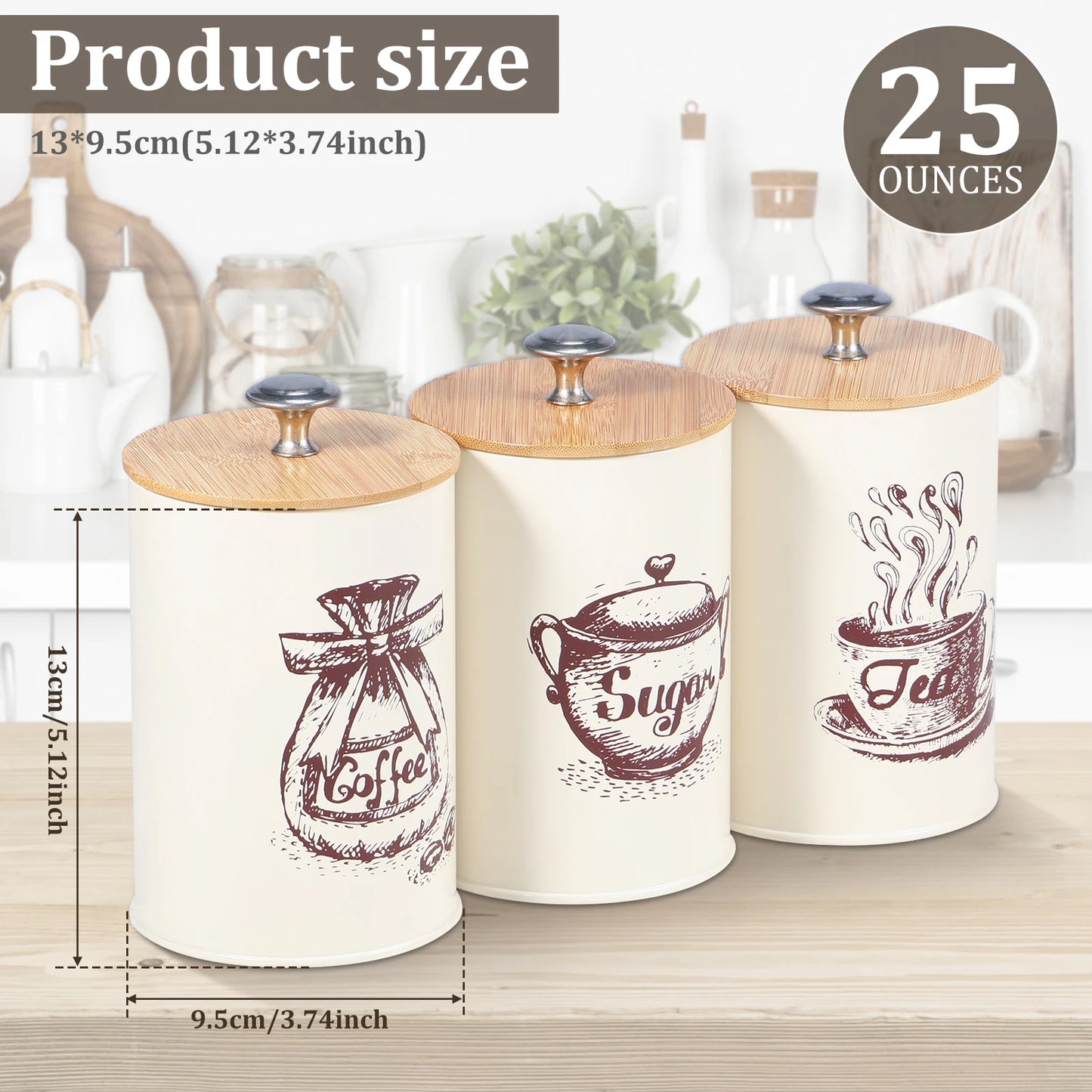 3Pcs Kitchen Coffee Sugar Tea Canister Set - Vintage Metal Food Storage Box