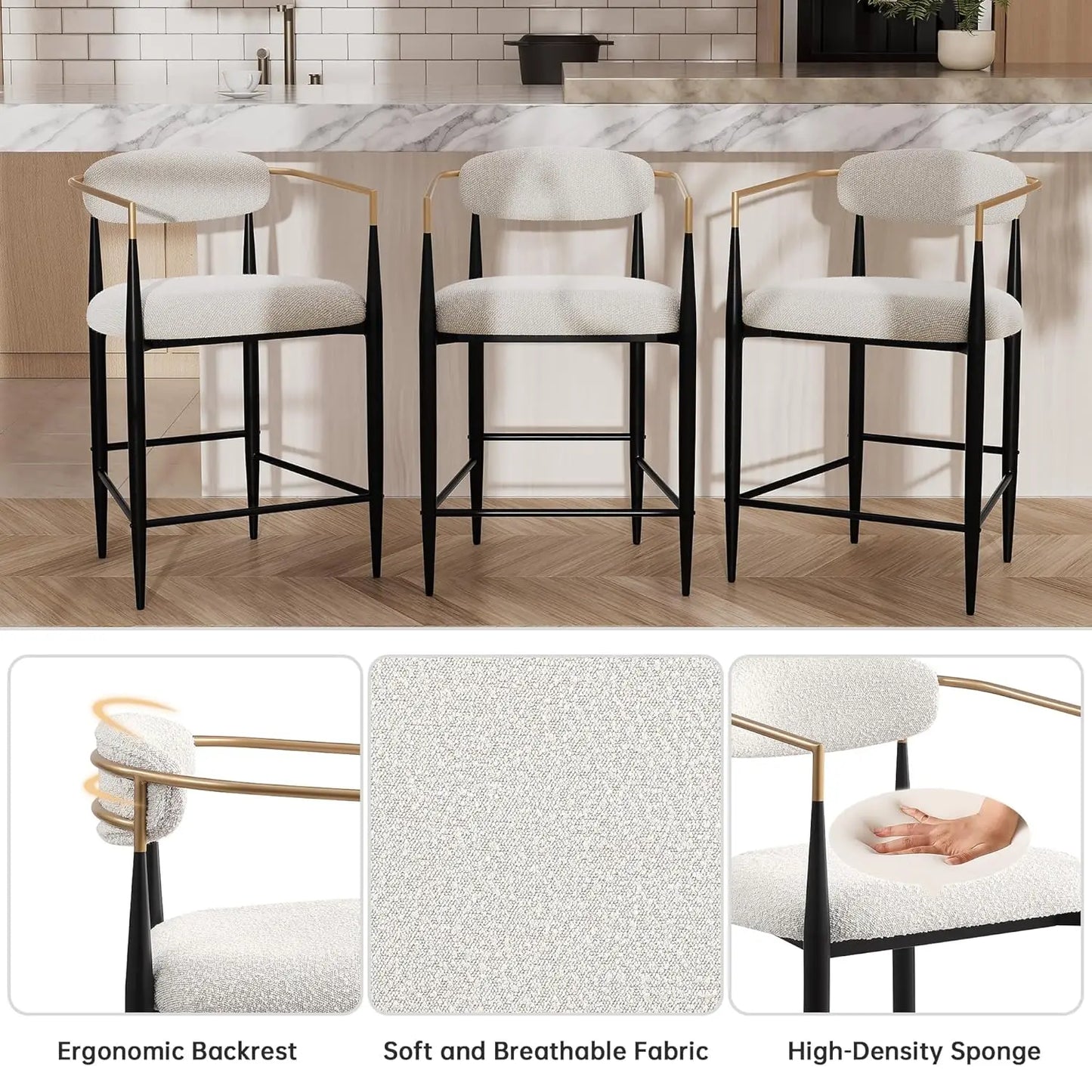 Modern Upholstered Counter Height Bar Stools Set 4 - High Back Black Metal Legs 26in