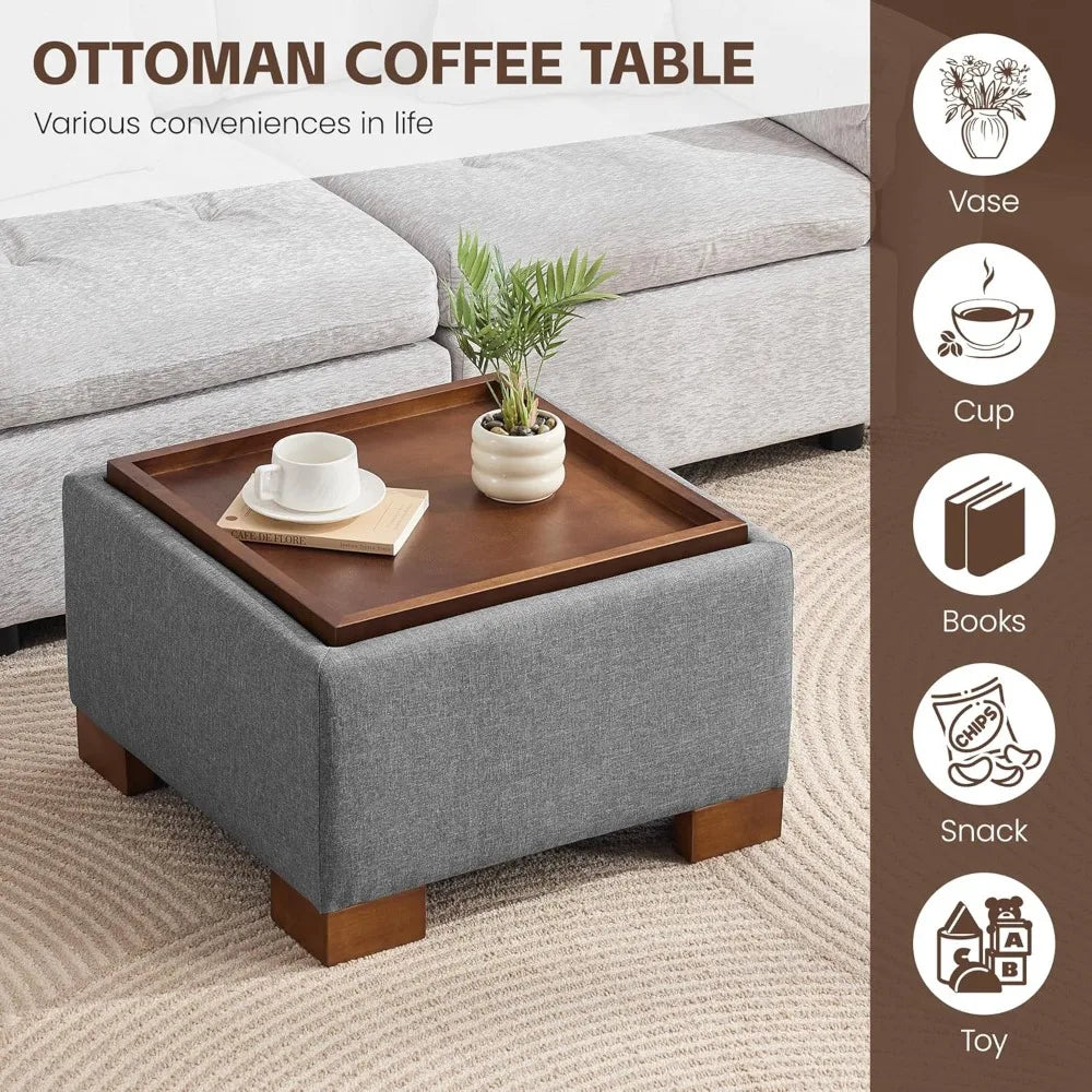 24" Square Ottoman Coffee Table with Storage – Modern Upholstered Accent Table for Living Room
