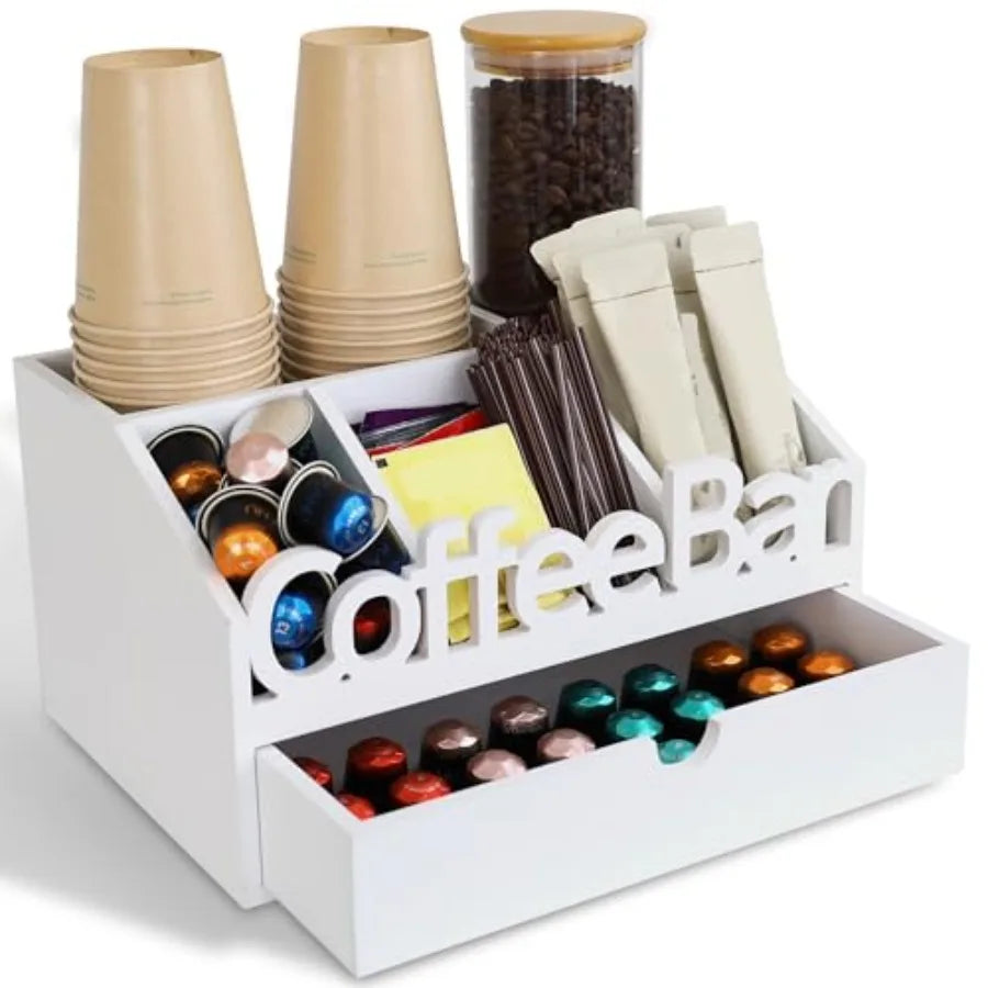 Coffee Bar Organizer for Countertop Wooden Coffee Station with Drawer Tea and K Cup Storage Condiment Rack Coffee Pod Holder
