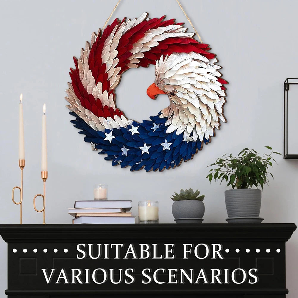 Independence Day Front Door Sign - Wall Hanging Round Wooden Plaque Patriotic Decor Garland