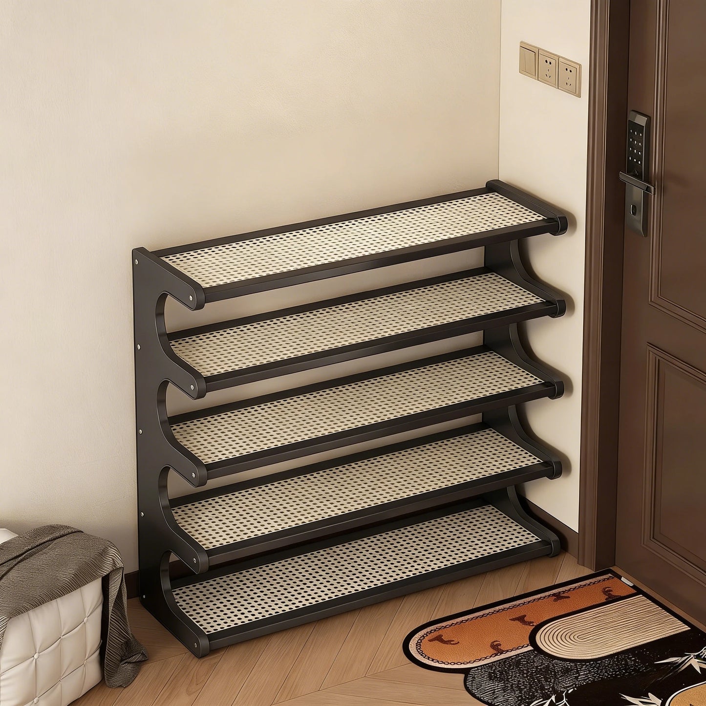 A five-tier heavy-duty bamboo shoe rack and storage shelf. Available in three colors.