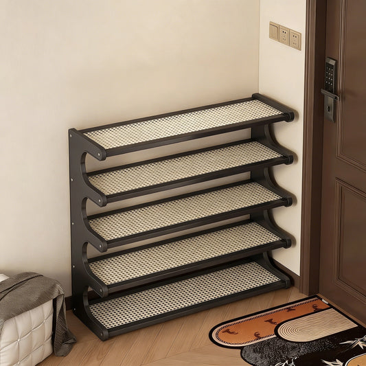 A five-tier heavy-duty bamboo shoe rack and storage shelf. Available in three colors.
