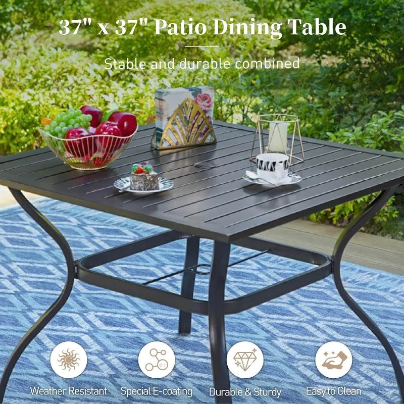 Outdoor Patio Dining Set (5/9/10‑Piece) – Square Table with Umbrella Hole & Metal Brown Chairs