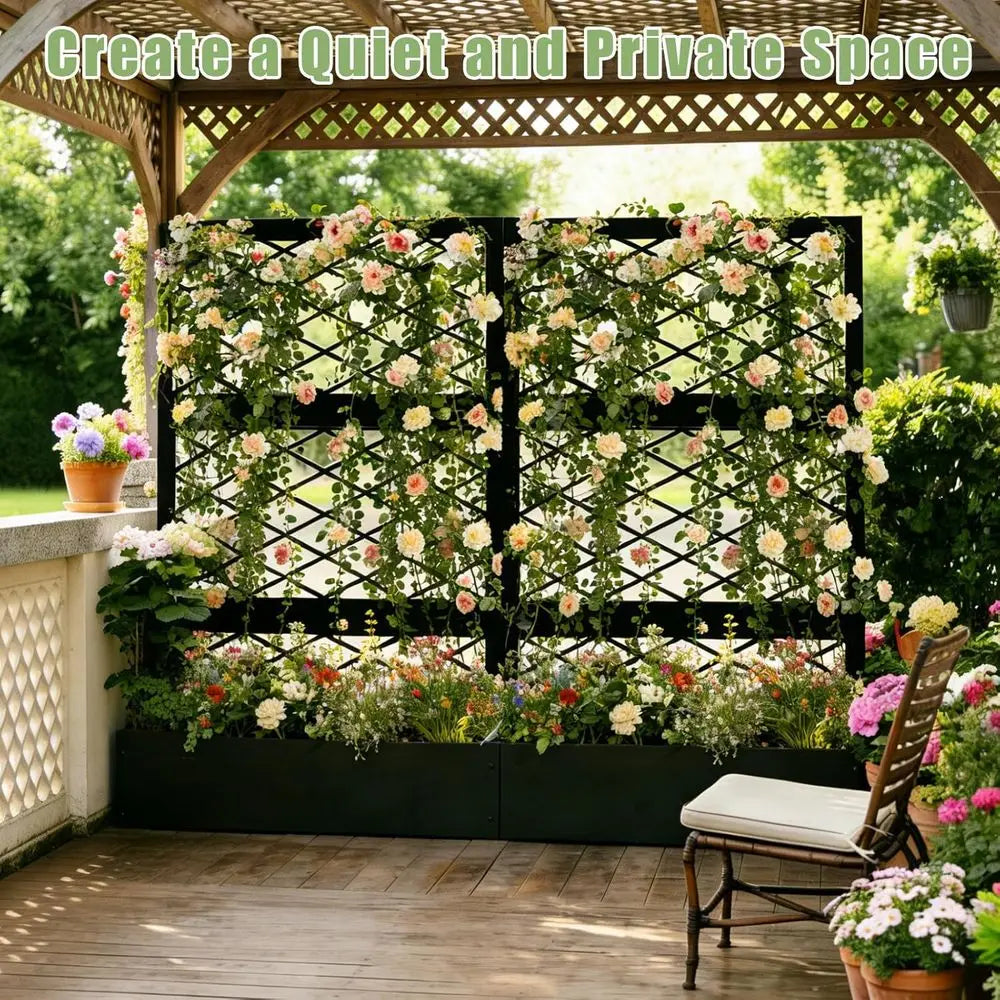 59 inch Metal Planter Planter Box with Privacy Trellis and Drainage Hole