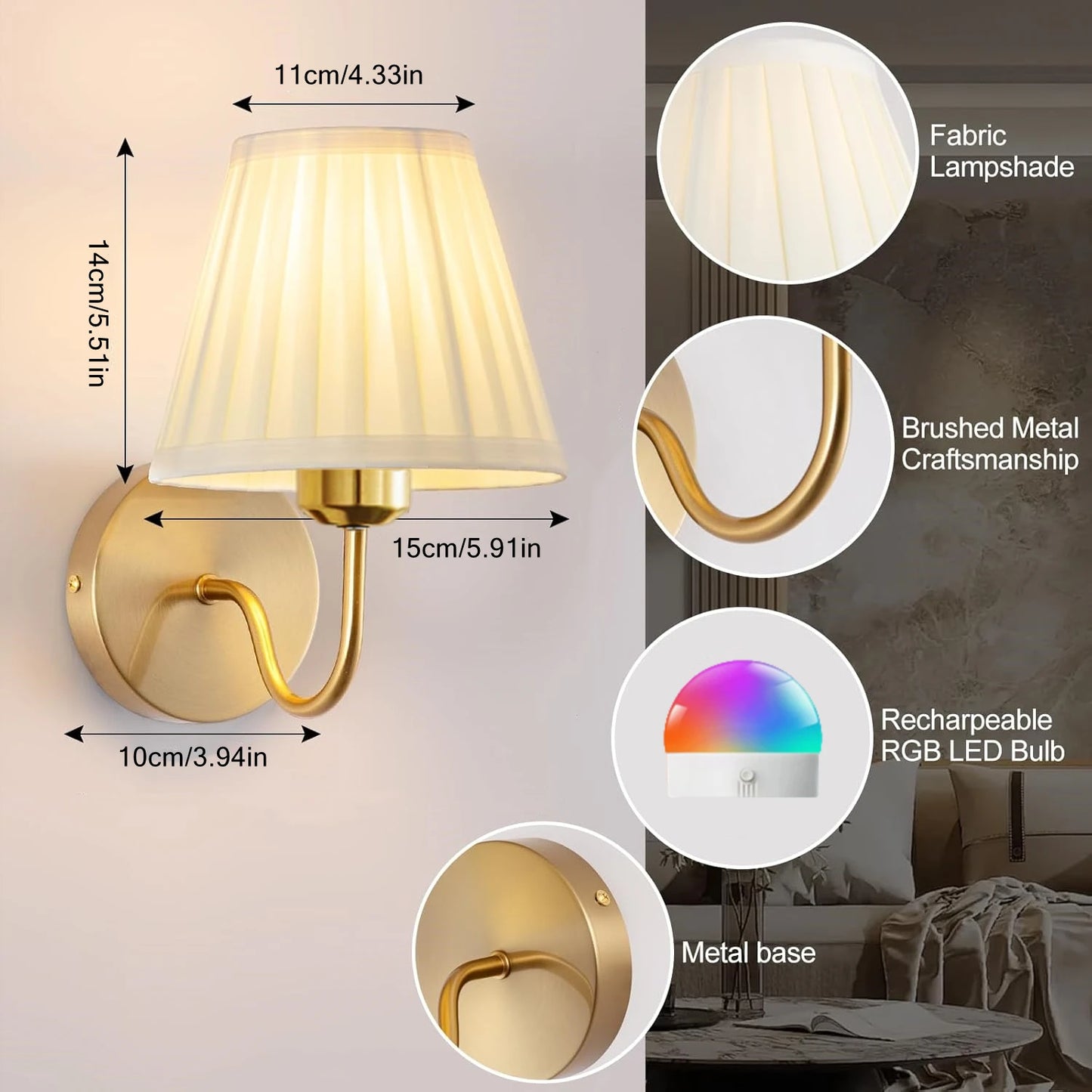 Battery-Powered Wall Light, Wireless Charging Wall Light with Remote Control, Dimmable