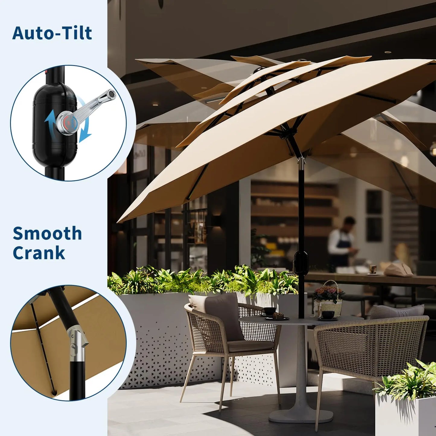 10FT 3‑Tier Patio Umbrella – Vented Outdoor Market Umbrella with Crank & Tilt, Fade‑Resistant Sunshade
