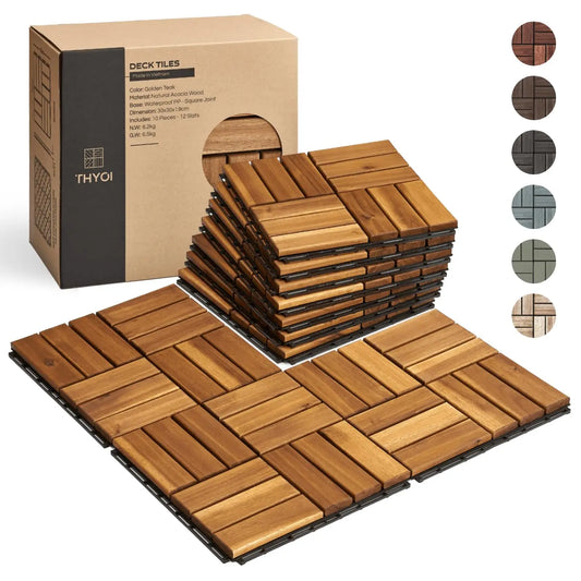 Acacia Wood Premium Deck Tiles 10- Pcs Outdoor,  Waterproof, Golden Teak Crossed Pattern 10 Sq Feet