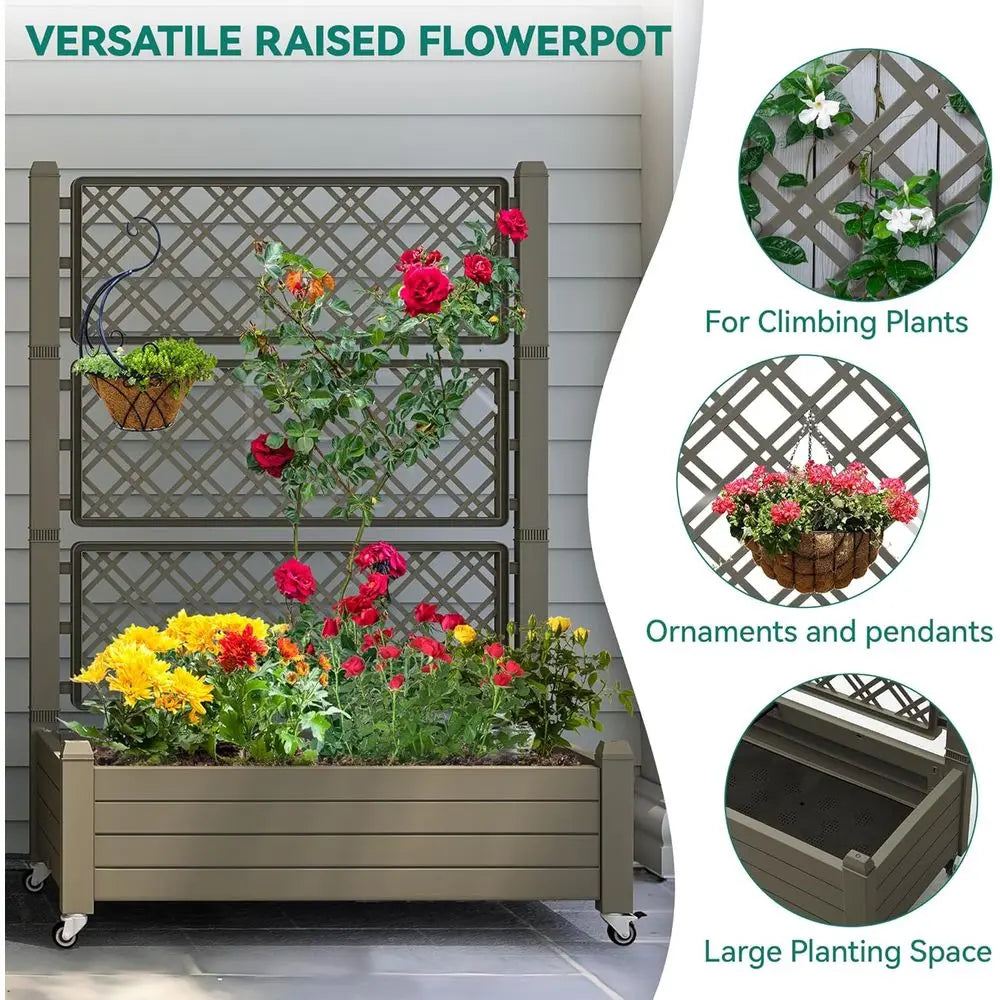 43.3x17.7x61 inch Planter Box with Trellis, Wheels & Drain Plug
