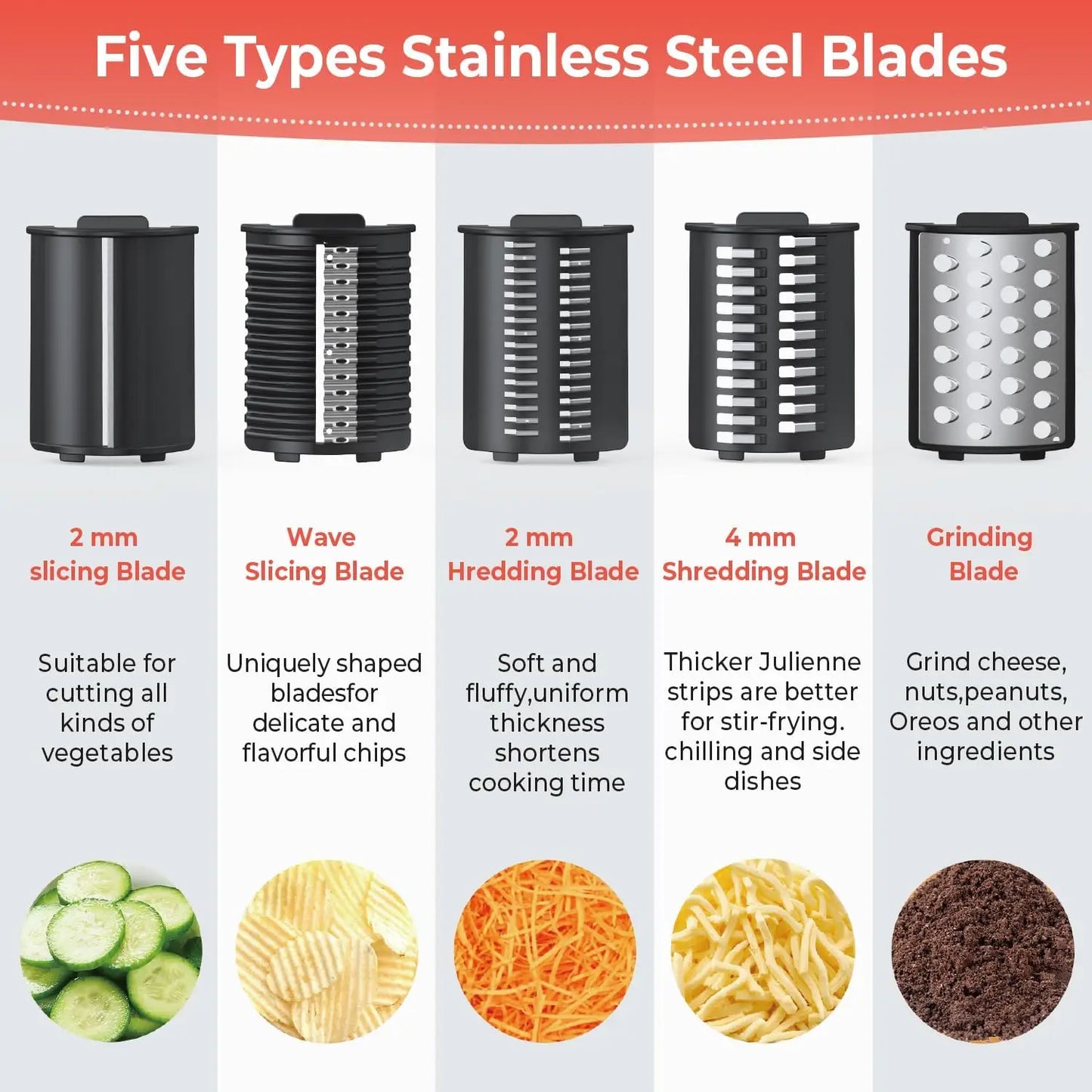 Electric Cheese Grater with 5 Blades, Shredder for Cheeses, Fruits, Nuts - Easy Kitchen Slicer