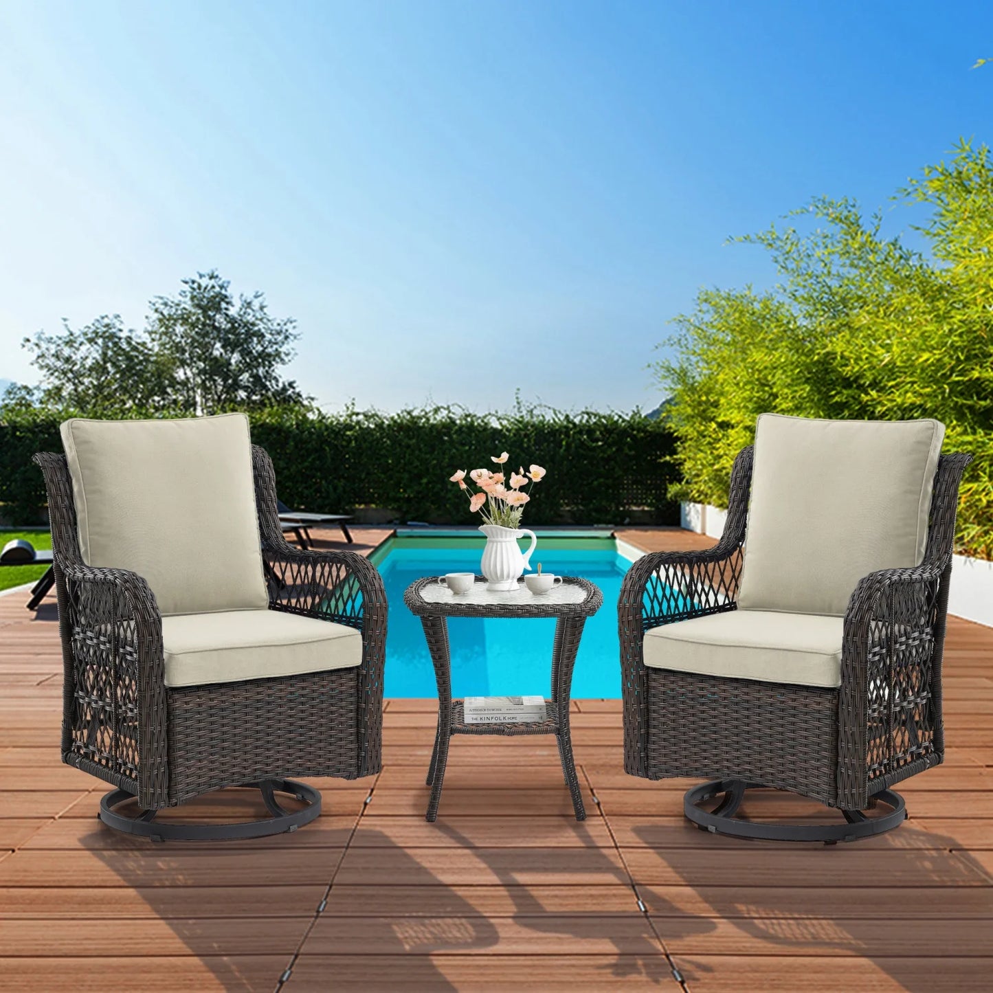 3‑Piece Outdoor Swivel‑Glider Rocking Chair Set – Cushioned Chairs & Glass‑Top Side Table