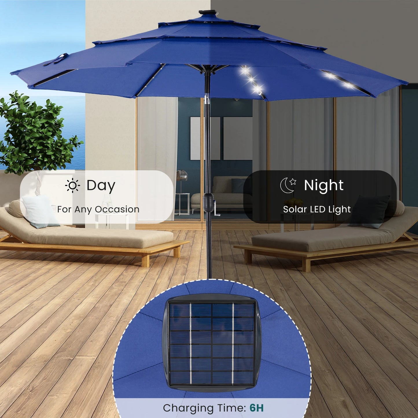 10FT 3‑Tier Patio Umbrella – Solar 32 LED Lights, Tilt Function & 8 Sturdy Ribs for Backyard & Garden