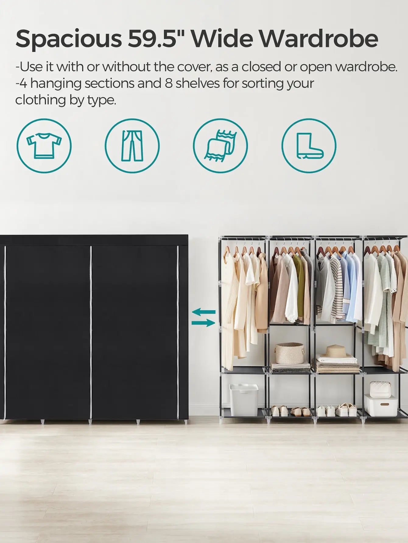 Portable Closet, Wardrobe Closet Organizer With Cover, 4 Hanging Rods And Shelves, 4 Side Pockets