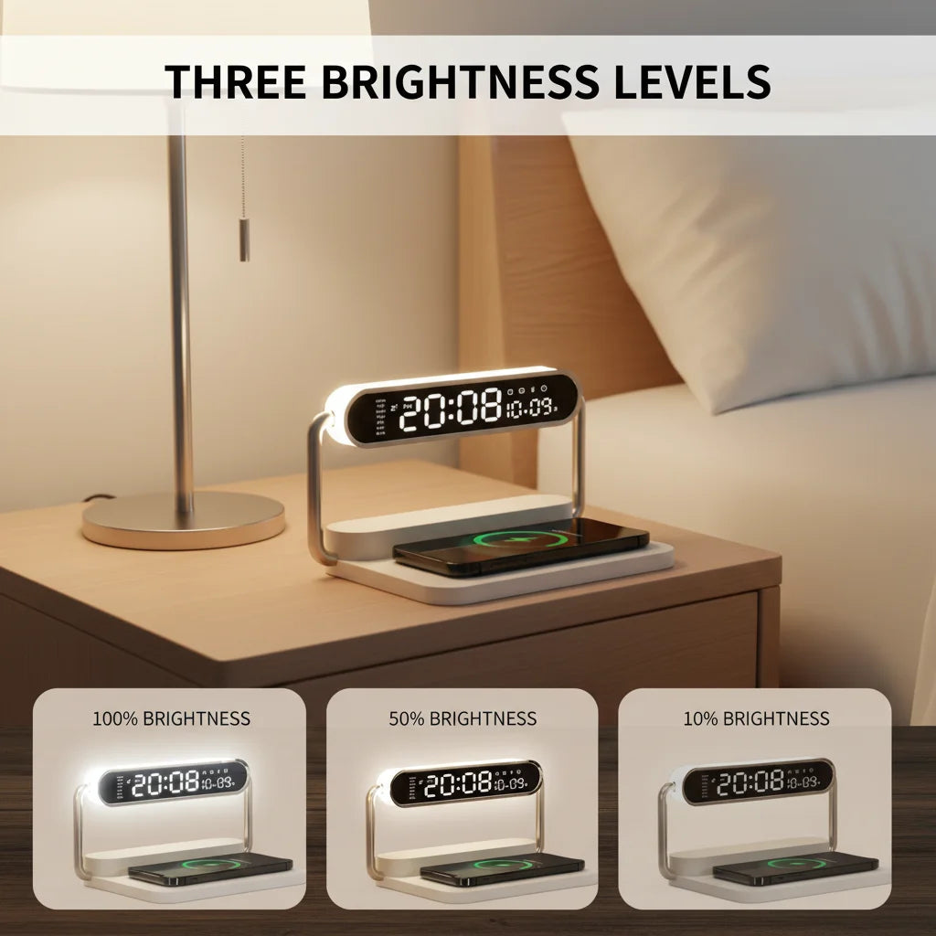 3-in-1 Bedside Charging Hub – Minimalist Alarm Clock & Dimmable Night Light